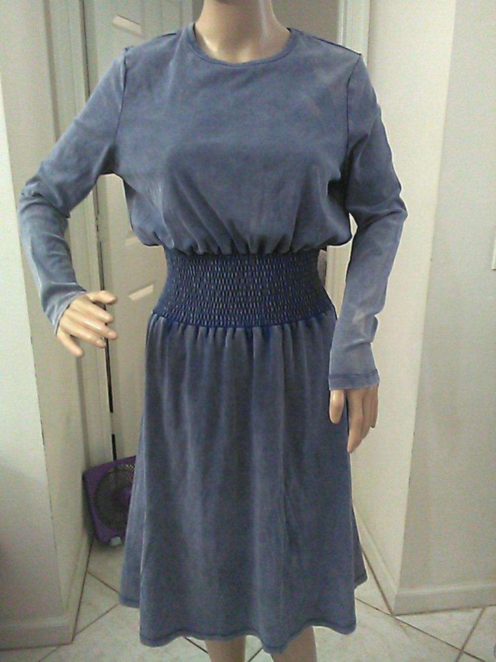 NWT UDEL ACID WASH Blue Long Sleeve Smocked-Waist Dress SZ. S STRETCHY FAB!